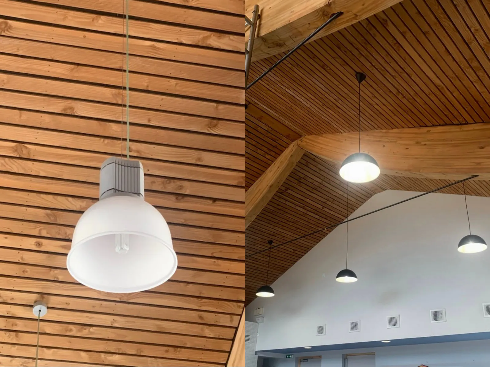 Voor / na foto van het dak van een stadhuis met LED hanglampen